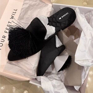 Birdies The Dove Satin Pom Onyx Slippers - Brand New